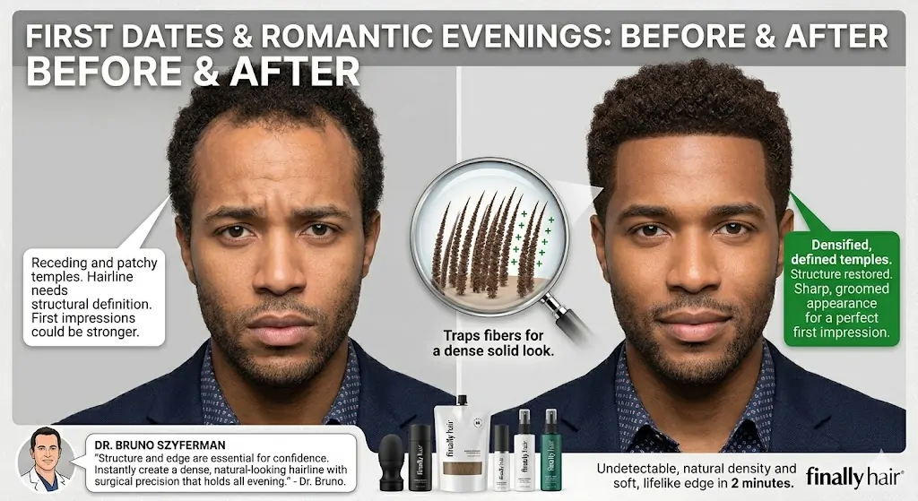 Before and after comparison of a man with receding temples getting ready for a first date, showing a densified, defined hairline after applying Finally Hair fibers.