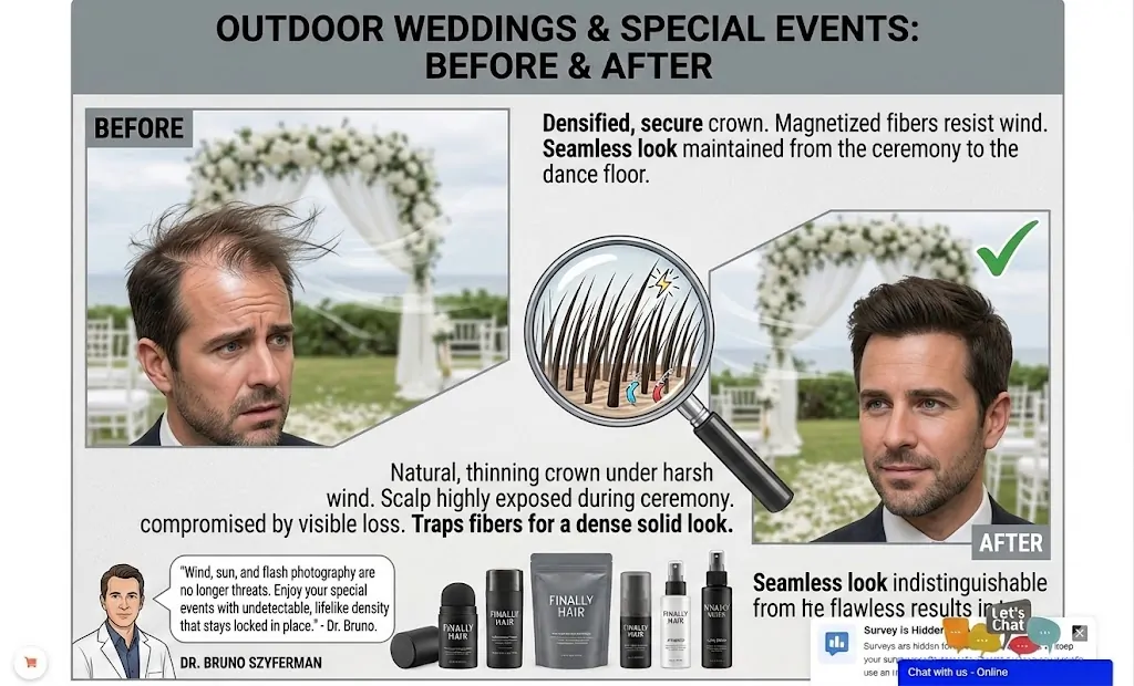 Before and after comparison of a man's thinning crown during an outdoor wedding ceremony, showing how Finally Hair fibers hold against wind.