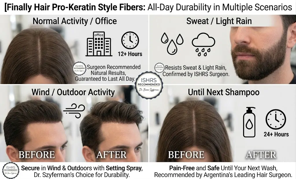 An informational infographic and split-screen comparison, modified from image_64.png, to demonstrate the durability of Finally Hair Pro-Keratin Style hair building fibers. The overall composition is titled: 'Finally Hair Pro-Keratin Style Fibers: All-Day Durability in Multiple Scenarios.' Below the main title, four panels are arranged in a 2x2 grid, each showing dramatic cosmetic transformations on human heads, including crowns, widening parts, receding hairlines, and patchy beards, matching the natural, dense finish of image_64.png. Modified Dr. Bruno Szyferman recommendation badges are visible within each grid to highlight specific benefits and surgeon endorsements. Top-Left Panel: 'Normal Activity / Office' focuses on a close-up of dense Medium Brown (color matching image 51) crowns and widening parts. It features 'office building' and 'clock' icons showing '12+ Hours'. A modified badge states: 'Surgeon Recommended Natural Results, Guaranteed to Last All Day.' Top-Right Panel: 'Sweat / Light Rain' includes 'sweat drops' and a 'cloud with raindrops' icon. It shows a defined receding hairline and filled patchy beard, undisturbed by moisture. A modified badge confirms: 'Resists Sweat & Light Rain, Confirmed by ISHRS Surgeon.' Bottom-Left Panel: 'Wind / Outdoor Activity' displays a 'gust of wind' icon. It highlights filled crowns and hairlines, with hair appearing dynamic but density unchanged. A modified badge notes: 'Secure in Wind & Outdoors with Setting Spray, Dr. Szyferman's Choice for Durability.' Bottom-Right Panel: 'Until Next Shampoo' features 'shampoo bottle' and 'clock' icons showing '24+ Hours'. It focuses on a close-up of a filled widening part. A modified badge asserts: 'Pain-Free and Safe Until Your Next Wash, Recommended by Argentina's Leading Hair Surgeon.' The graphic explicitly proves that the fibers provide a reliable, long-lasting solution that withstands various environmental and physical challenges, maintaining natural-looking density until they are shampooed out.