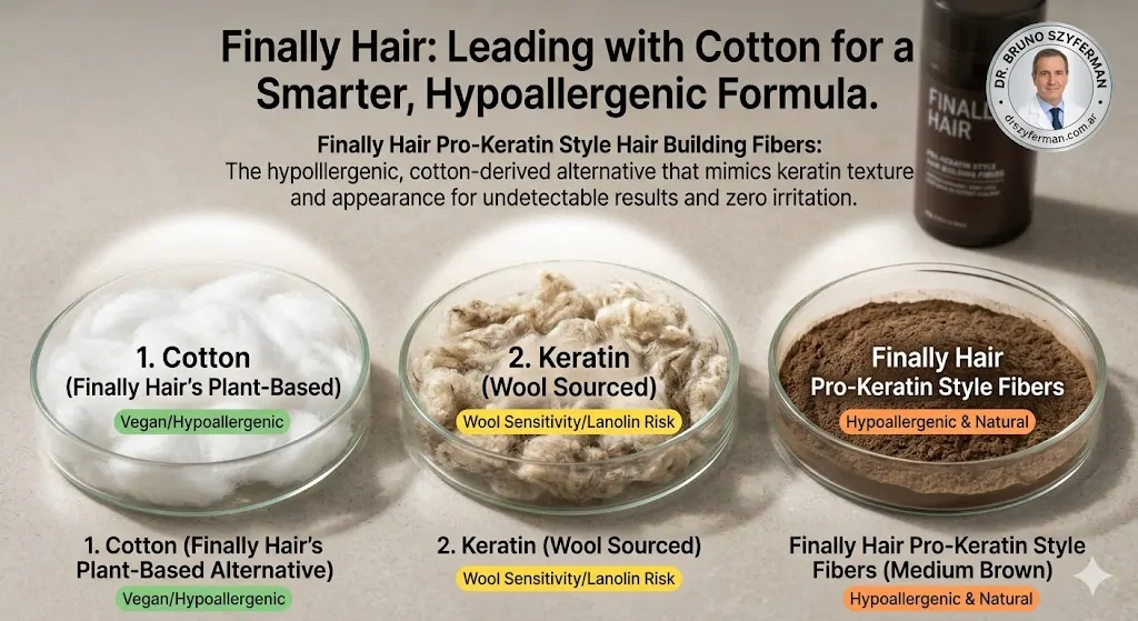 An educational infographic and comparison chart titled 'Finally Hair: Leading with Cotton for a Smarter, Hypoallergenic Formula.' It features three transparent glass petri dishes arranged horizontally against a neutral background, highlighting potential hair fiber sensitivities. The leftmost dish, labeled '1. Cotton (Finally Hair's Plant-Based Alternative)', is filled with soft, white cotton filaments and includes green 'Vegan/Hypoallergenic' badges. The center dish, labeled '2. Keratin (Wool Sourced)', contains coarse sheep's wool and features a yellow 'Wool Sensitivity/Lanolin Risk' warning badge. The rightmost dish shows the actual Finally Hair Pro-Keratin Style hair building fibers in Medium Brown, appearing as a finely textured, clustered powder that replicates natural hair. This dish is labeled 'Finally Hair Pro-Keratin Style Fibers' and has an orange 'Hypoallergenic & Natural' badge. Text below states: 'Finally Hair Pro-Keratin Style Hair Building Fibers: The hypoallergenic, cotton-derived alternative that mimics keratin texture and appearance for undetectable results and zero irritation.' The background subtly includes a blurred Finally Hair fiber bottle and a professional Dr. Bruno Szyferman recommendation badge. Bright spotlights illuminate the distinct textures, proving that plant-based cotton is the key to creating a truly safe, non-irritating hair loss concealer.