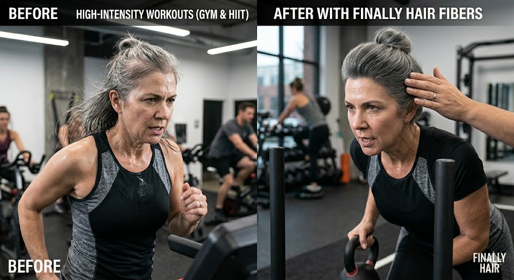 Before and after comparison of a woman with grey hair during a high-intensity gym workout, showing how Finally Hair sweat-resistant fibers maintain coverage.