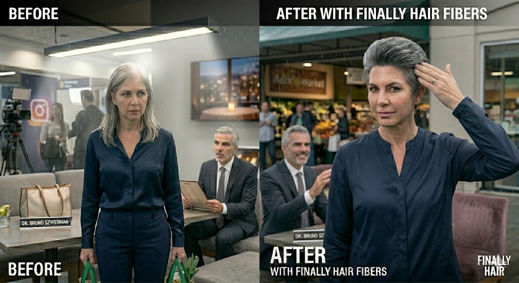 Before and after comparison of a woman with grey hair at a candlelit dinner, showing how Finally Hair fibers pass the touch test in intimate settings.
