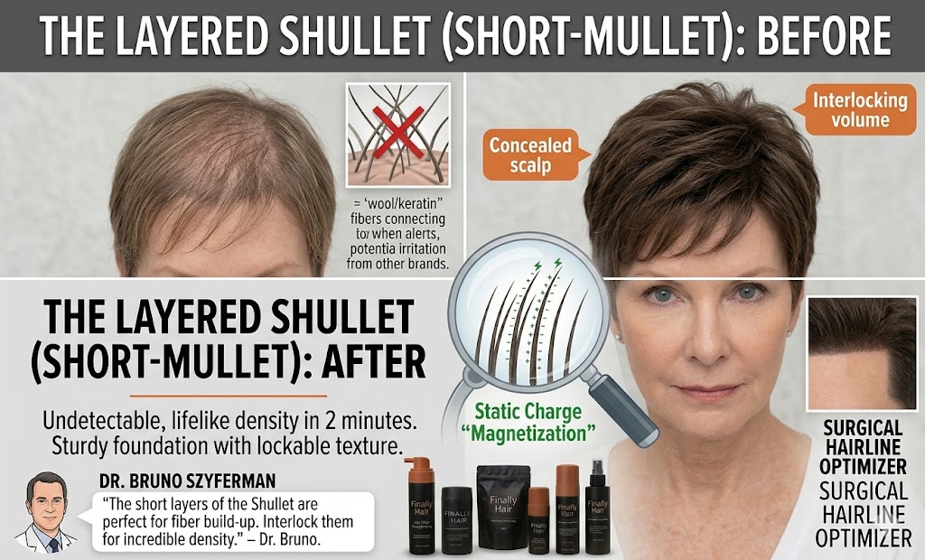 A side-by-side before and after comparison of a woman with a Layered Shullet (Short-Mullet) haircut using Finally Hair® fibers to address crown thinning. The 'Before' panel, labeled 'THE LAYERED SHULLET (SHORT-MULLET): BEFORE,' shows short, fine, light brown layers on the crown, demonstrating a significant lack of density that makes the scalp clearly visible through the sparse, flat hair, especially when viewed from above. The 'After' panel, from the same angle, shows the identical model with the matching Finally Hair® dark brown fibers applied, featuring a fully dense and voluminous crown with lifelike texture and interlocking volume that completely conceals the scalp. A central circular magnifying glass illustration overlays the image, magnifying several single fibers of Finally Hair® plant-based fibers 'magnetizing' effectively and standing upright with a clear static charge micro-illustration, labeled with green text: Static Charge 'Magnetization'. The overall style is clean and informative with legibility of text.