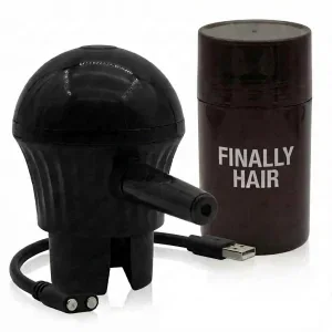professional picture of the electric Finally Hair fiber sprayer that comes with the sprayer top that fits the new Finally Hair bottle and comes with a bottle that fits. It comes with a charging cable. Simply press the button and the fibers shoot in a straight precision line. Has two shooting speeds. Kit includes sprayer, bottle, charging cable which is all in the picture.