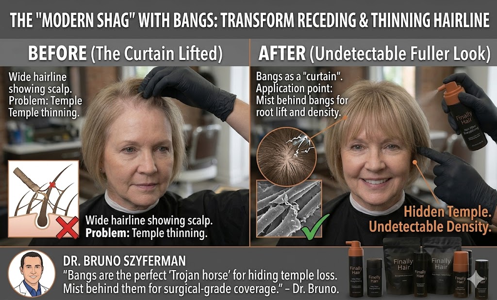 A before and after sequence of a woman with a modern shag haircut and bangs. The 'Before (Curtain Lifted)' panel shows a hand raising the bangs to reveal a wide hairline, temple thinning, and visible scalp. The 'After (Undetectable Fuller Look)' panel shows the same woman smiling with full density along the forehead, achieved by misting Finally Hair® fibers behind the bangs to create a shadow 'curtain.' A close-up view demonstrates the Atomizer Spray Pump being used for surgical-grade precision in applying the fibers to the thinning temple area.