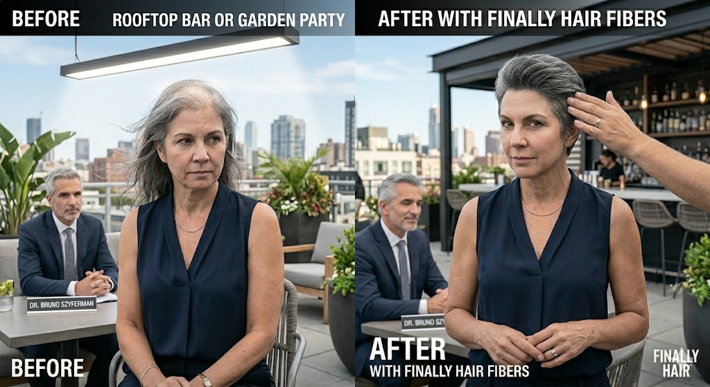 Before and after comparison of a woman at a rooftop bar on a windy day, showing her hairstyle intact thanks to Finally Hair's static-bonding fibers.