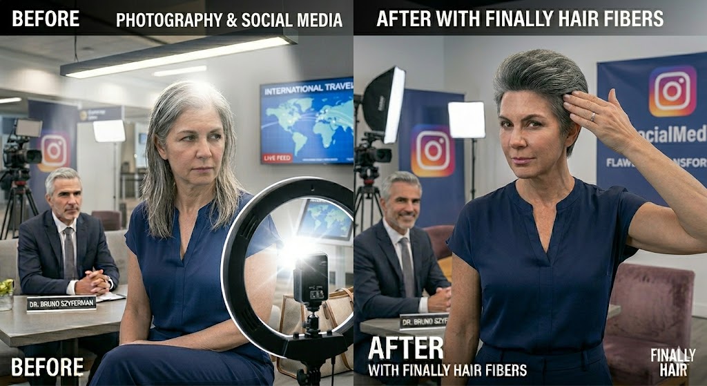 Before and after comparison of a woman with grey hair in a studio photography session, showing instant depth and texture from Finally Hair 3D fibers.