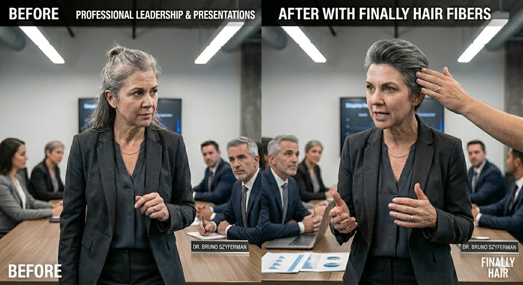 Before and after comparison of a female executive giving a presentation in a boardroom under LED lights, showing dense high-definition coverage from Finally Hair fibers.