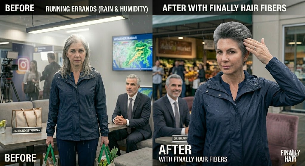 Before and after comparison of a woman running errands in rainy weather, showing her hairstyle intact thanks to water-resistant Finally Hair fibers.
