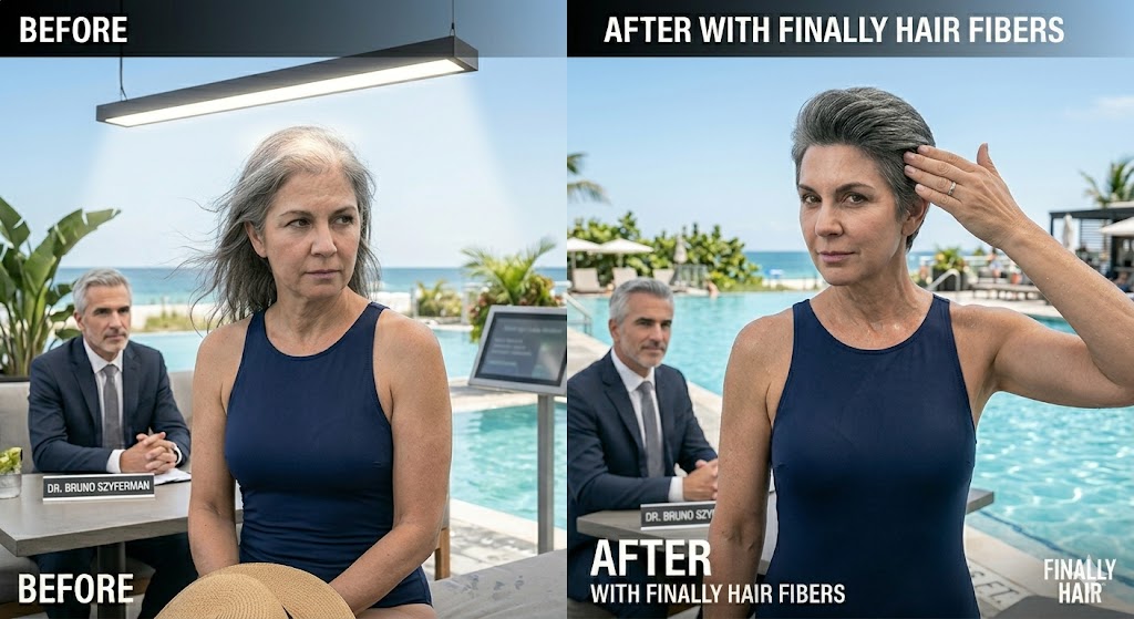 Before and after transformation of a woman at a luxury pool, showing voluminous hair achieved with humidity-resistant Finally Hair fibers.