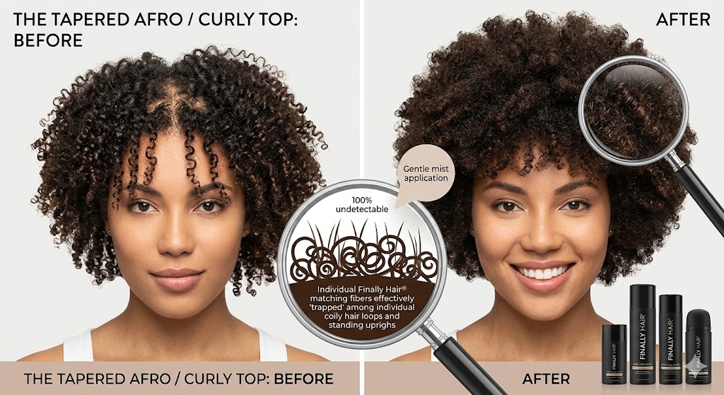 A side-by-side before and after comparison of a woman with a Tapered Afro / Curly Top haircut using Finally Hair® fibers. The 'Before' panel, labeled 'THE TAPERED AFRO / CURLY TOP: BEFORE,' shows tight dark brown curls with visible scalp showing between the coils, creating a sparse appearance. The 'After' panel shows the same model with a high-density, full look where the scalp is 100% covered. Two circular magnifying glass callouts are shown: one illustrates the 'Gentle Mist Application' of individual fibers being trapped within the natural hair loops, and another shows a close-up of the 'Surgical Hairline Optimizer' creating a natural edge. The bottom features a professional recommendation from Dr. Bruno Szyferman and a product lineup including Finally Hair® Keratin-Style Fibers and the Atomizer Spray Pump.