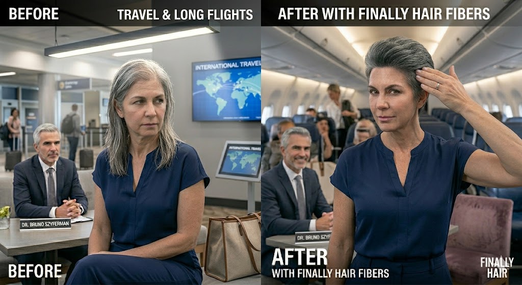 Before and after comparison of a woman during long-haul travel, showing how Finally Hair fibers absorb excess oil and add root lift.